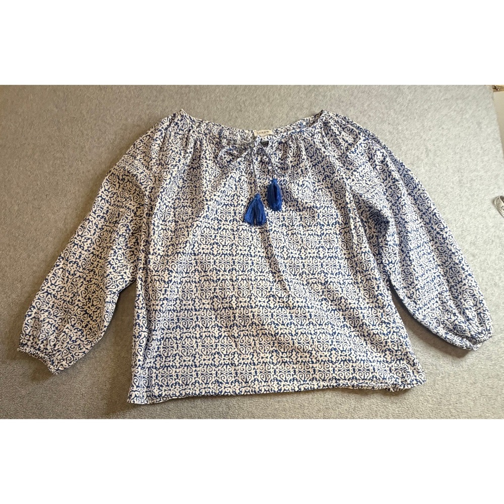 J.Crew Womens XS Blue White Geometric Tassel Tie Peasant Blouse Long Sleeve Top
